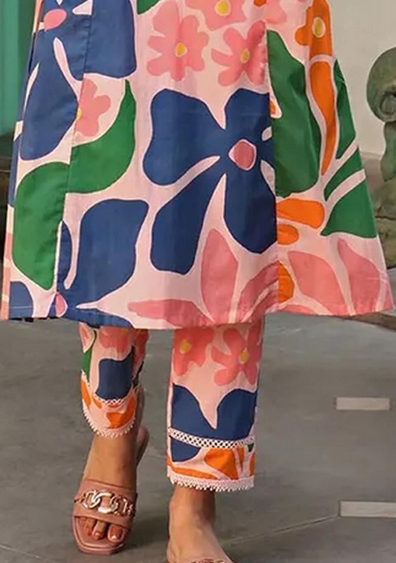 Pink And Green Floral Print Viscose Kurta Set