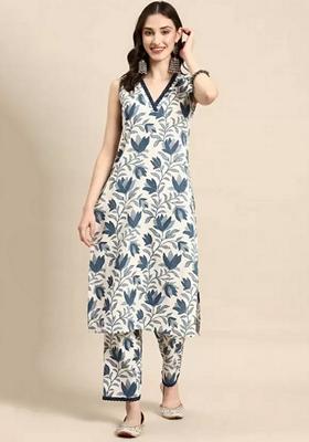 White And Grey Floral Print Viscose Kurta Set