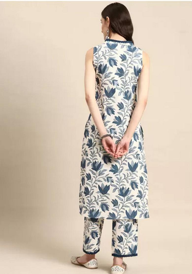 White And Grey Floral Print Viscose Kurta Set