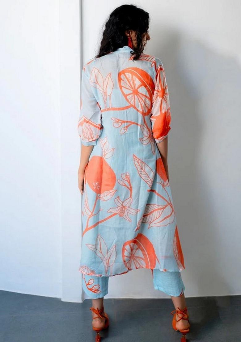 Sky Blue And Orange Floral Print Viscose Kurta Set