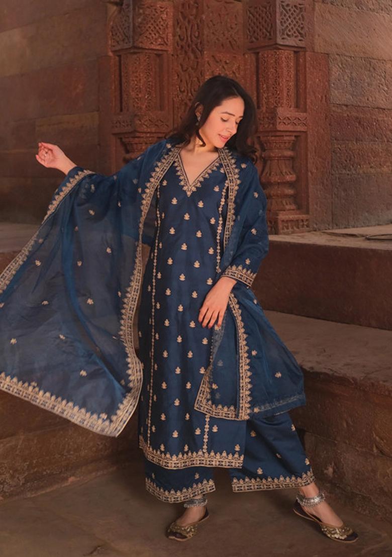 Blue Floral Embroidered Viscose Silk Kurta Set