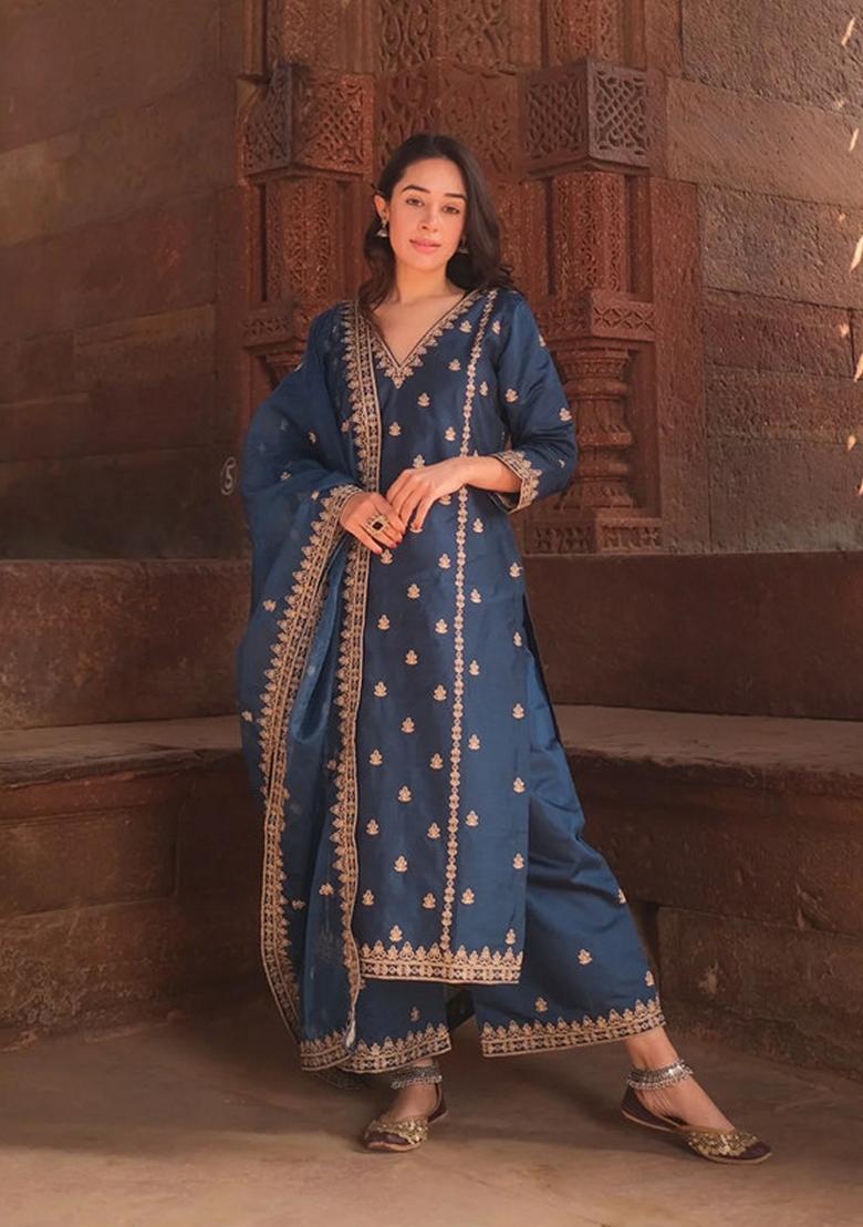 Blue Floral Embroidered Viscose Silk Kurta Set