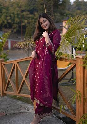 Purple Floral Embroidered Viscose Silk Kurta Set