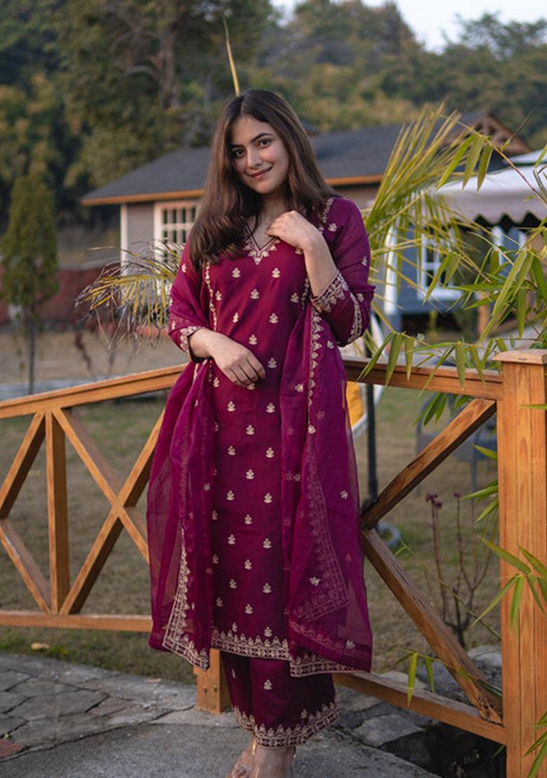 Purple Floral Embroidered Viscose Silk Kurta Set