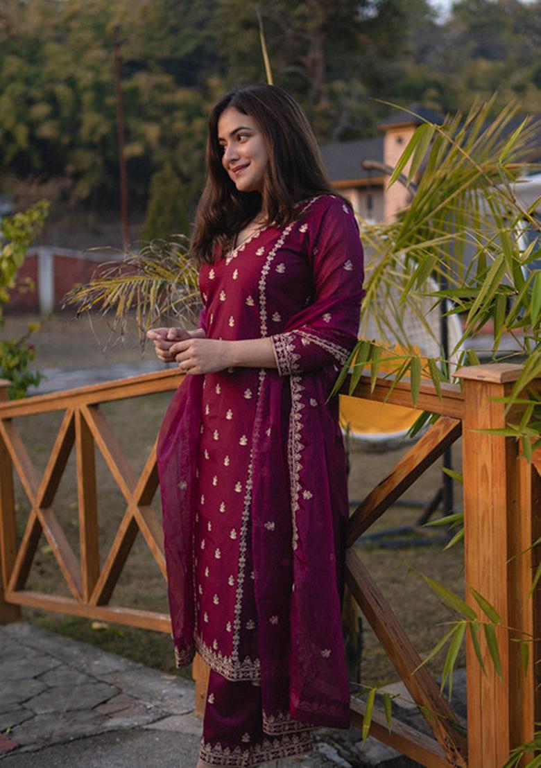 Purple Floral Embroidered Viscose Silk Kurta Set
