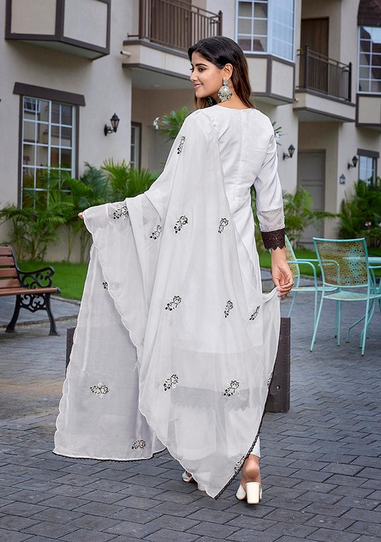 White And Black Embroidered Chanderi Kurta Set