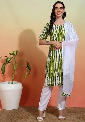 Green And White Printed Crepe Kurta Set
