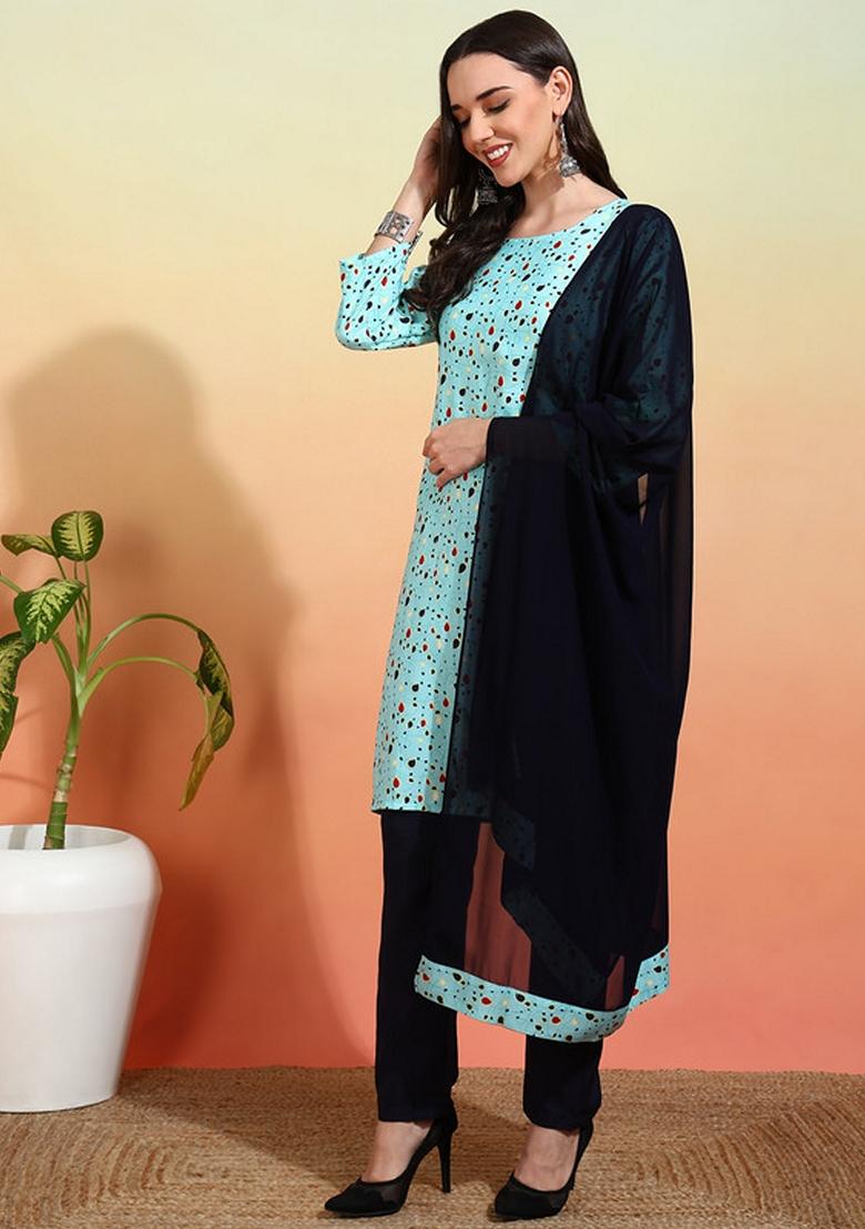Sky Blue Printed Crepe Kurta Set
