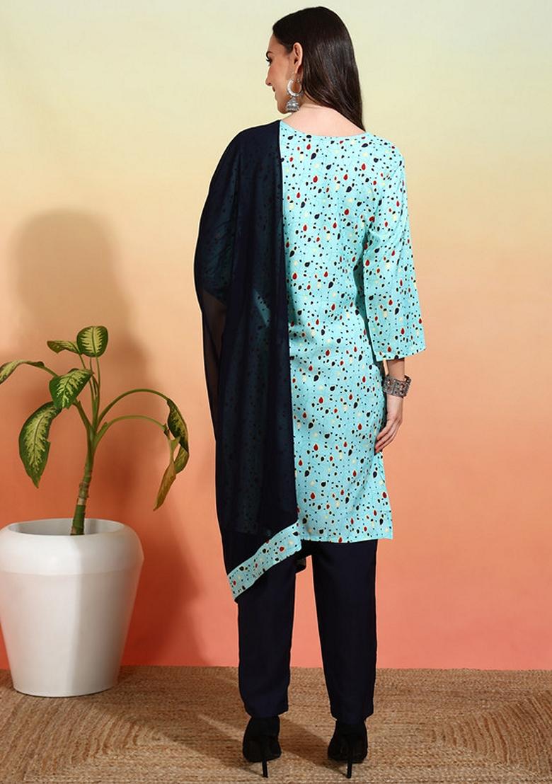 Sky Blue Printed Crepe Kurta Set