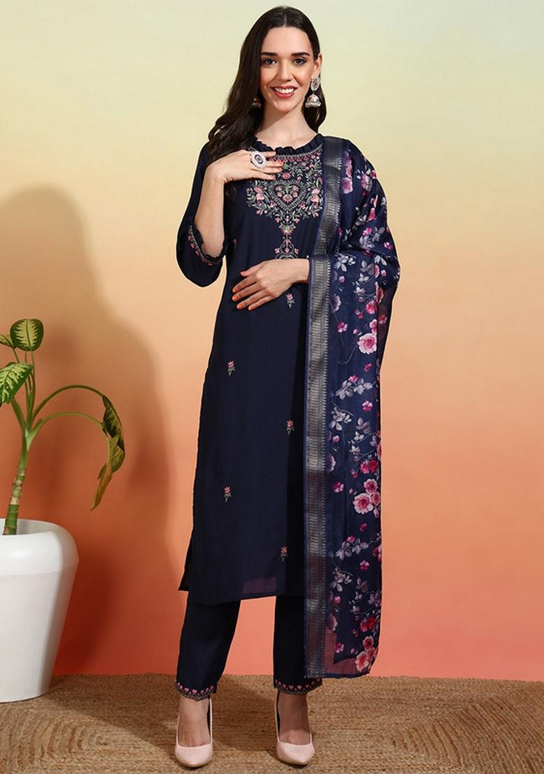 Navy Blue Embroidered Chanderi Kurta Set