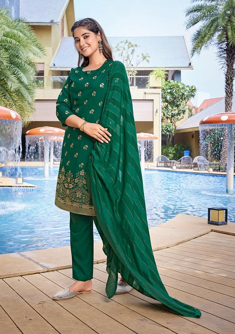 Bottle Green Foil Print Crepe Kurta Set