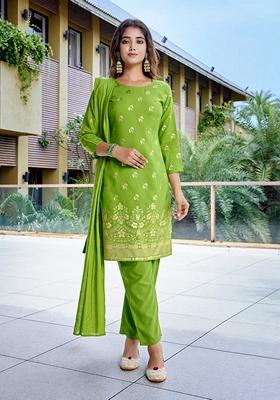 Green Foil Print Crepe Kurta Set