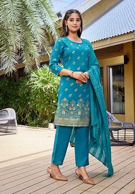 Turquoise Blue Foil Print Crepe Kurta Set