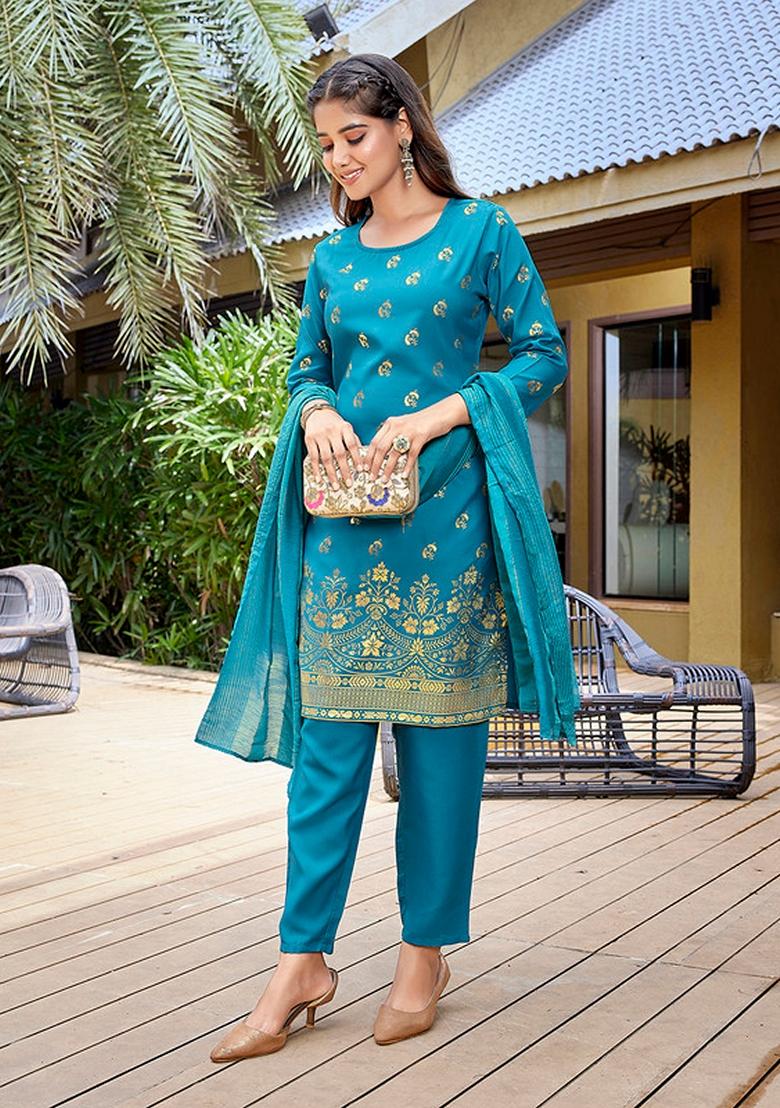 Turquoise Blue Foil Print Crepe Kurta Set