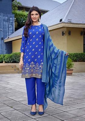 Royal Blue Foil Print Crepe Kurta Set