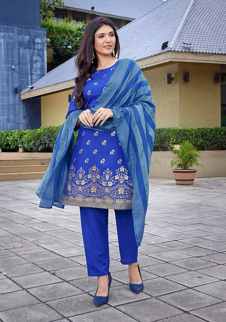 Royal Blue Foil Print Crepe Kurta Set