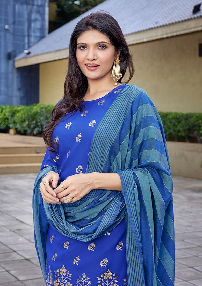 Royal Blue Foil Print Crepe Kurta Set
