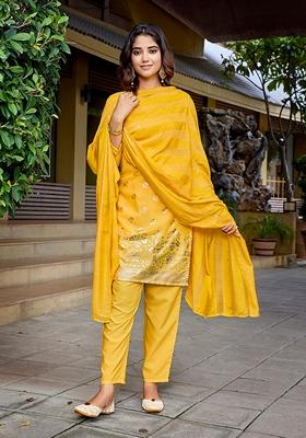 Yellow Foil Print Crepe Kurta Set