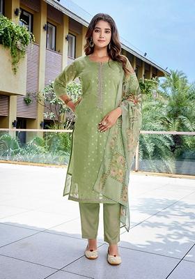 Mehendi Green Woven Chanderi Kurta Set