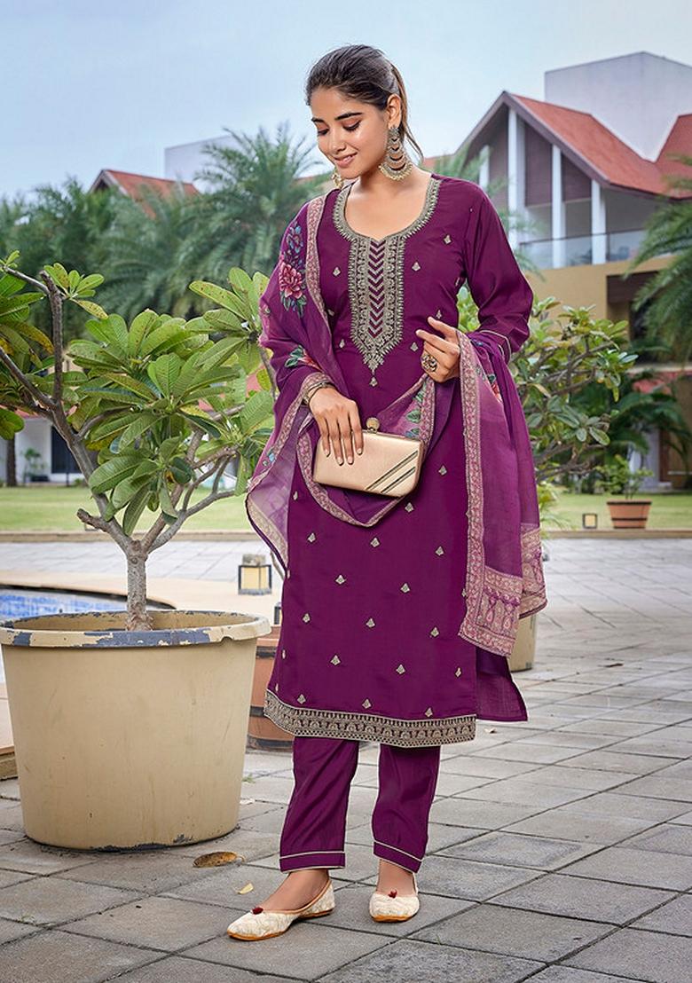 Purple Embroidered Viscose Chanderi Kurta Set