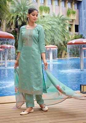 Sea Green Embroidered Viscose Chanderi Kurta Set