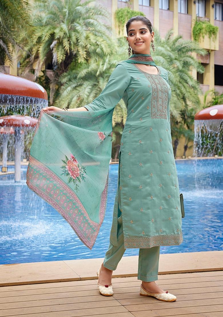 Sea Green Embroidered Viscose Chanderi Kurta Set