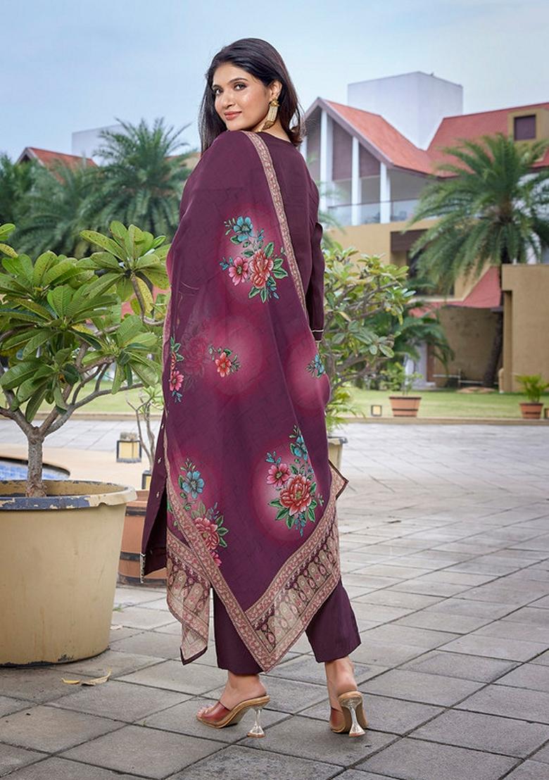 Wine Embroidered Viscose Chanderi Kurta Set