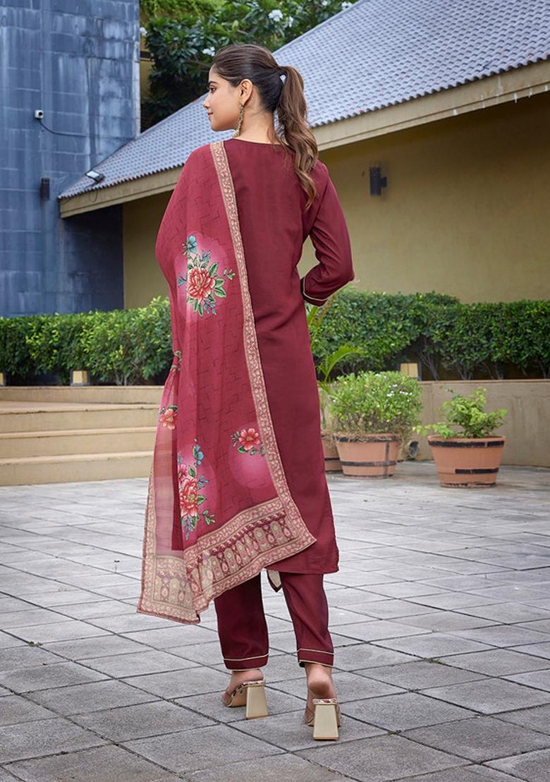 Maroon Embroidered Viscose Chanderi Kurta Set