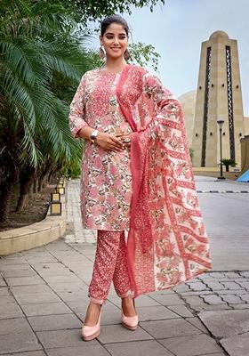White And Pink Printed Cotton Blend Kurta Set