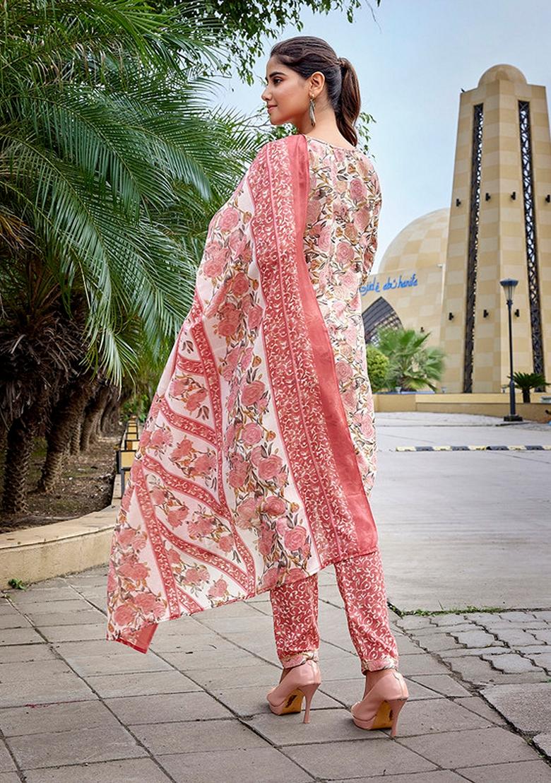 White And Pink Printed Cotton Blend Kurta Set