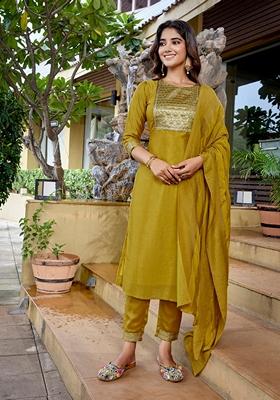Mustard Solid Silk Blend Kurta Set