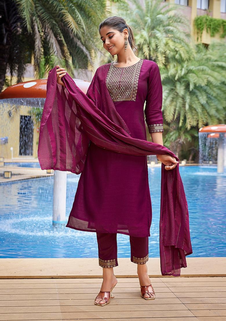 Purple Solid Silk Blend Kurta Set