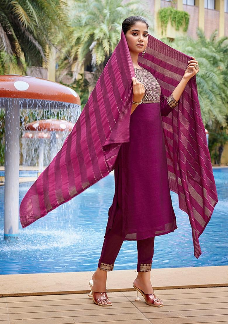 Purple Solid Silk Blend Kurta Set