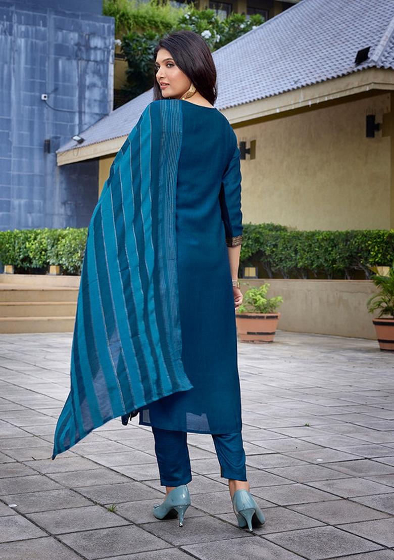 Teal Blue Solid Silk Blend Kurta Set