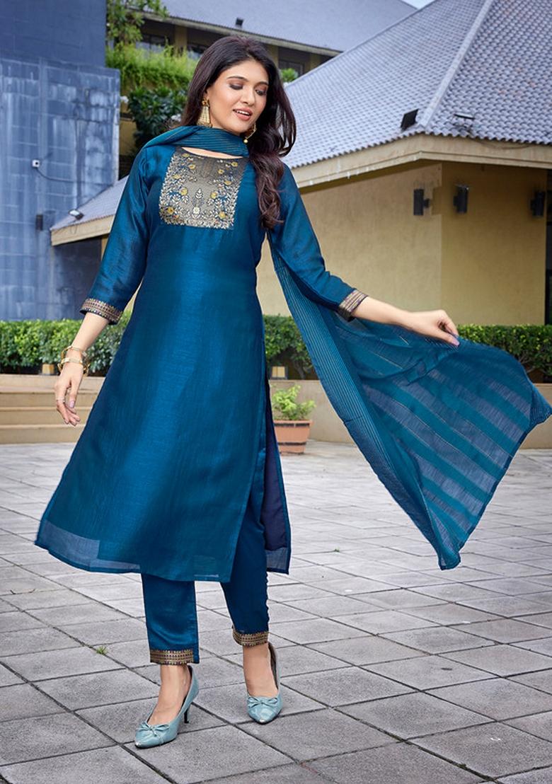 Teal Blue Solid Silk Blend Kurta Set