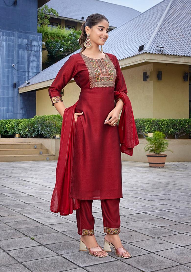 Red Solid Silk Blend Kurta Set