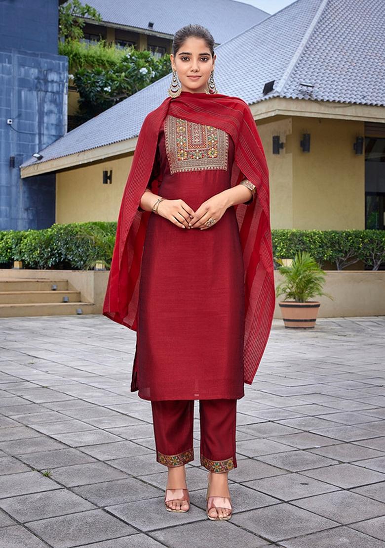 Red Solid Silk Blend Kurta Set