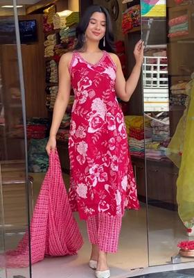 Pink Printed Viscose Kurta Set