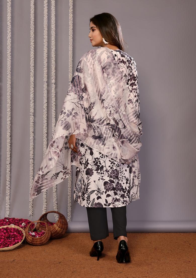 White And Black Embroidered Cotton Blend Kurta Set