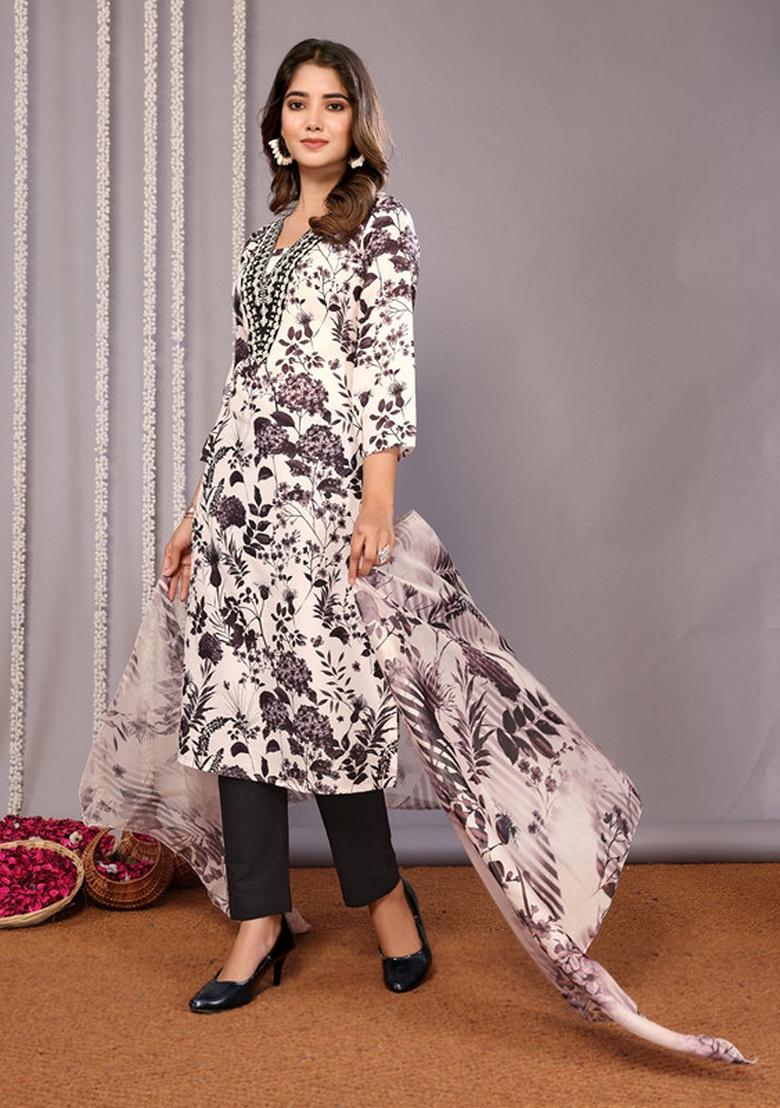 White And Black Embroidered Cotton Blend Kurta Set