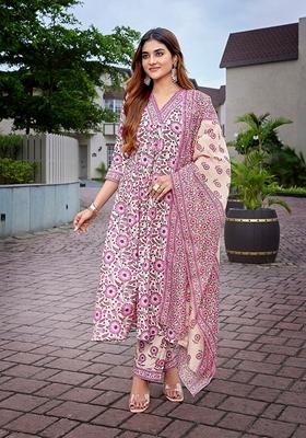 Pink Printed Viscose Kurta Set
