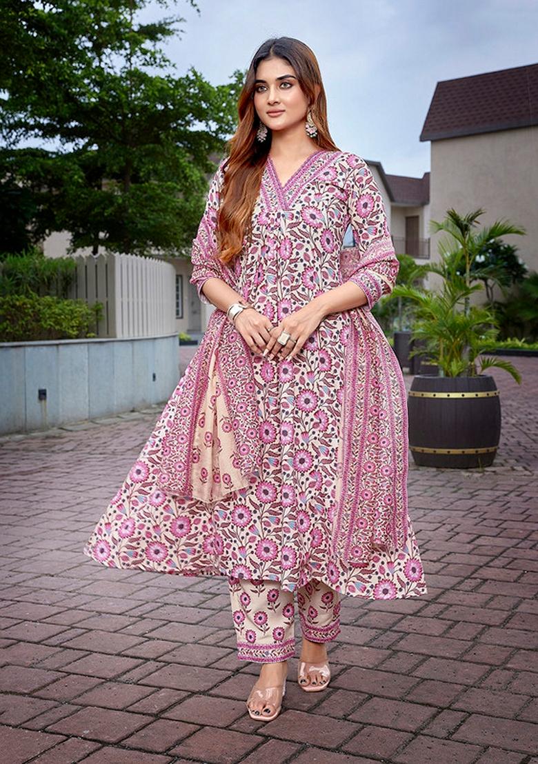 Pink Printed Viscose Kurta Set