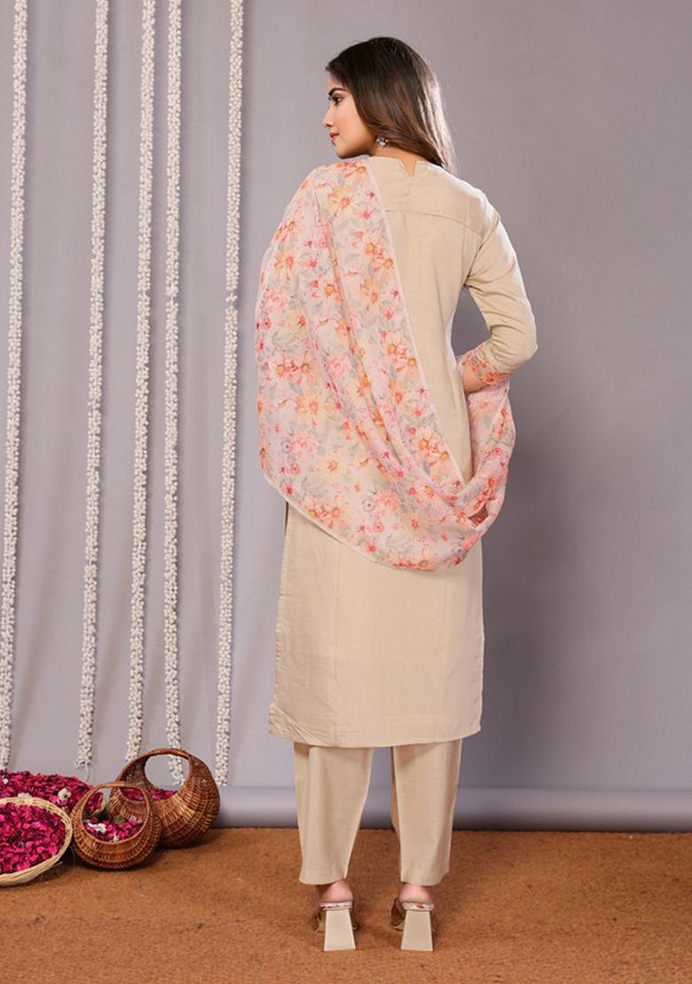 Beige Embroidered Chanderi Kurta Set - Indya