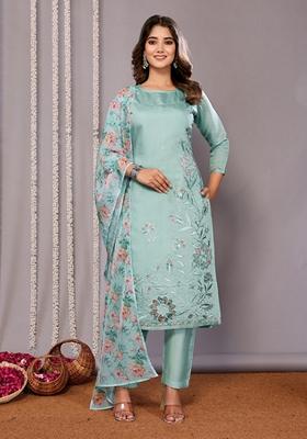 Sea Blue Embroidered Chanderi Kurta Set