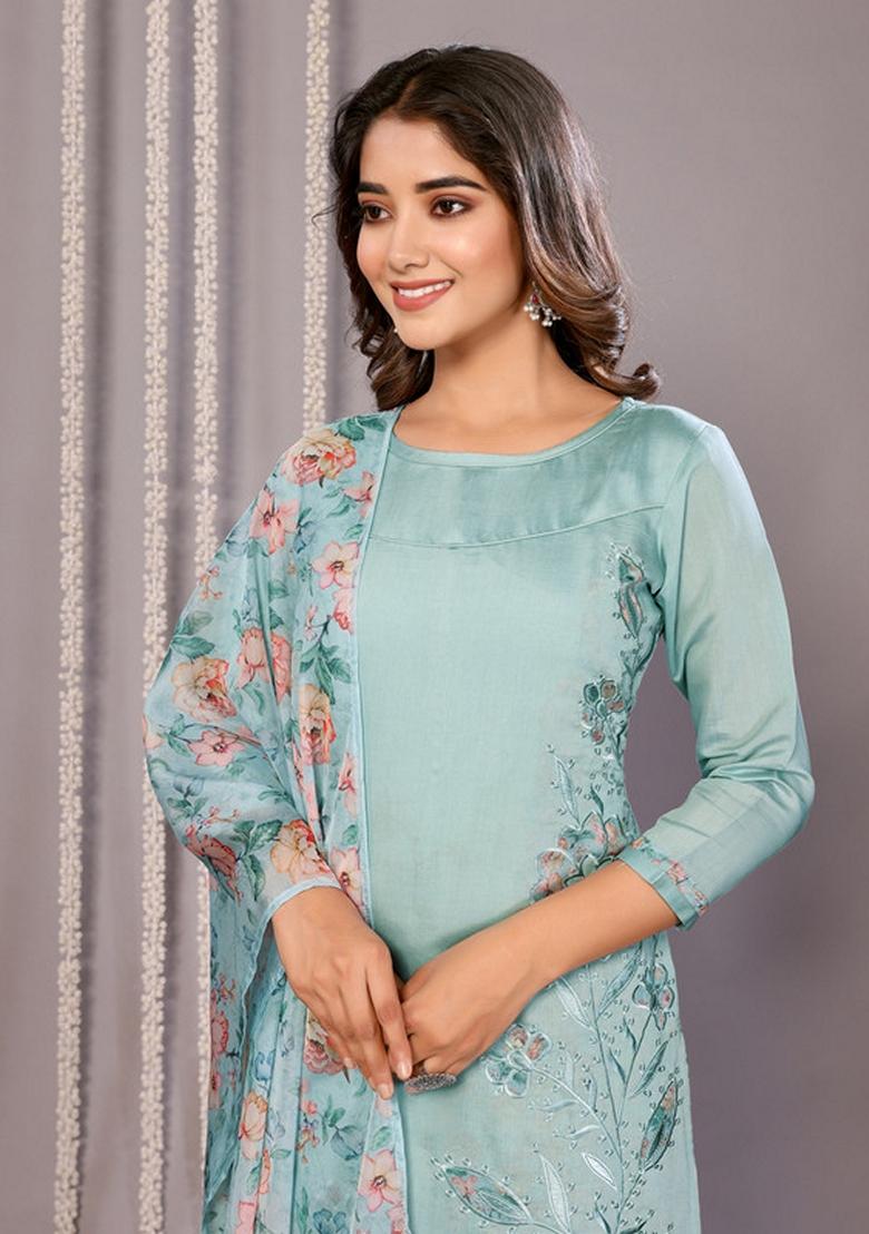 Sea Blue Embroidered Chanderi Kurta Set