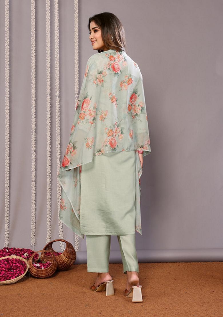Light Green Embroidered Chanderi Kurta Set