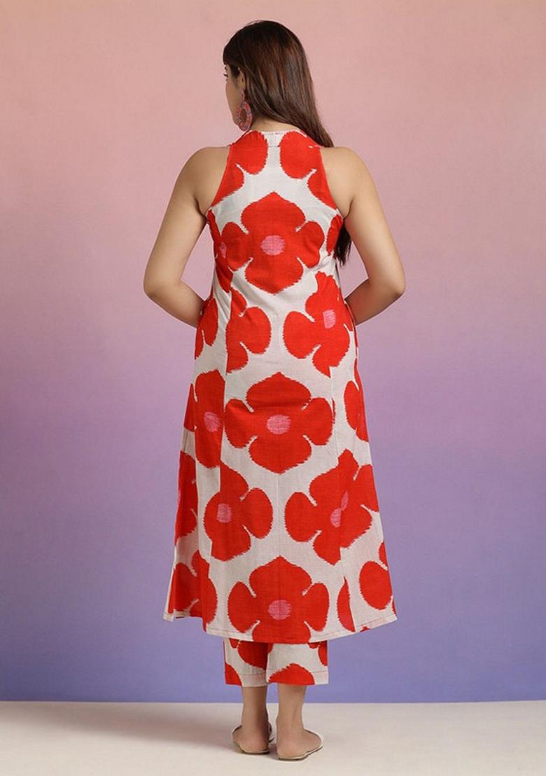 Red And White Printed Cotton Blend Kurta Set