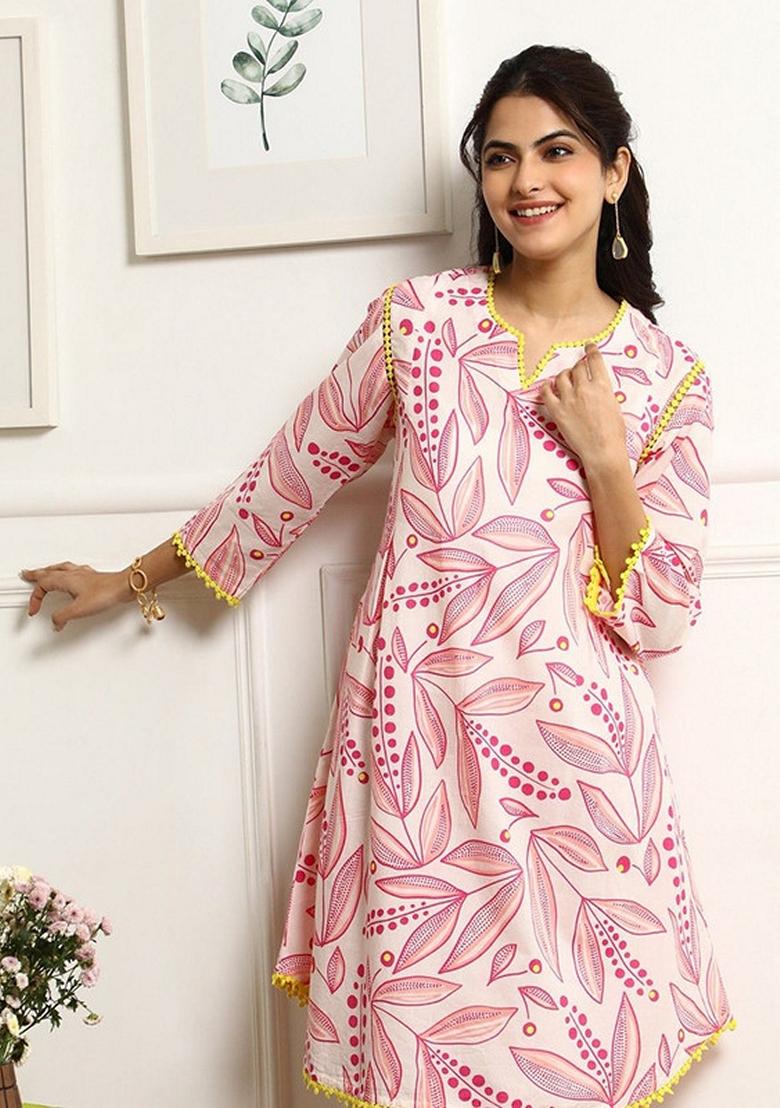 Pink Printed Cotton Blend Kurta Set