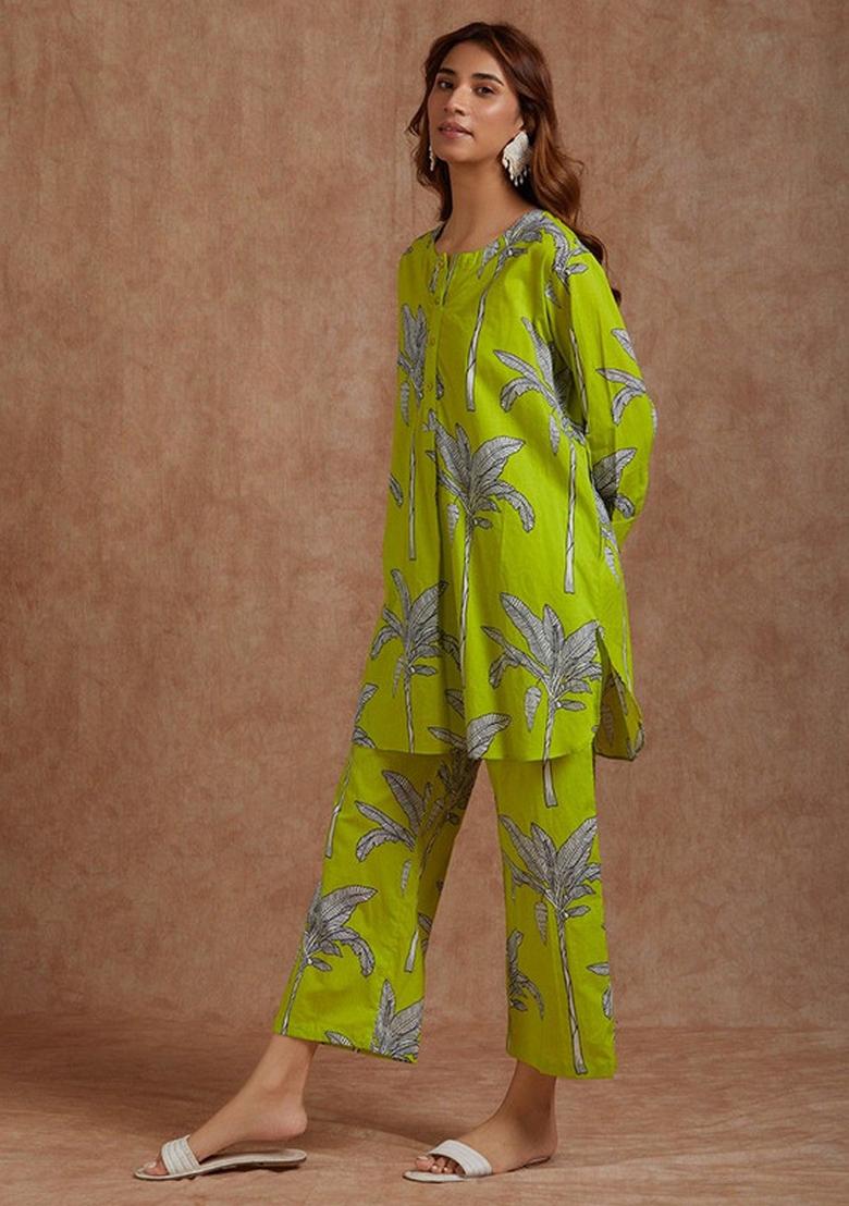 Lemon Green Printed Cotton Blend Kurta Set