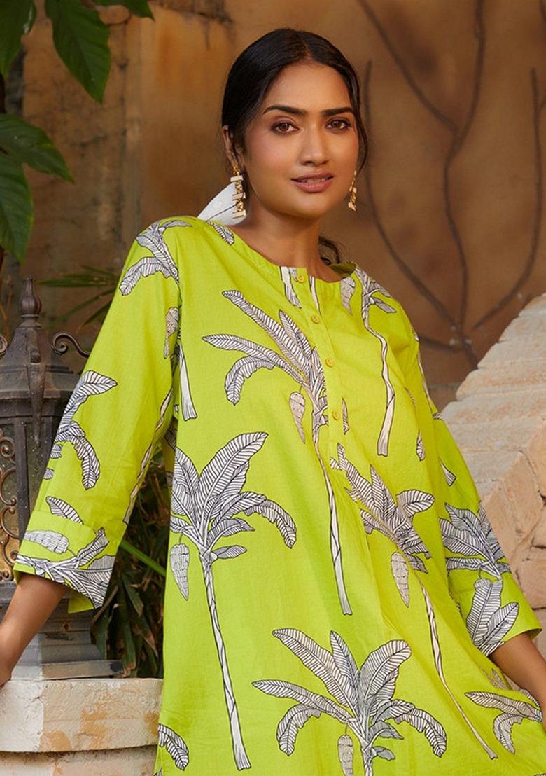 Lemon Green Printed Cotton Blend Kurta Set
